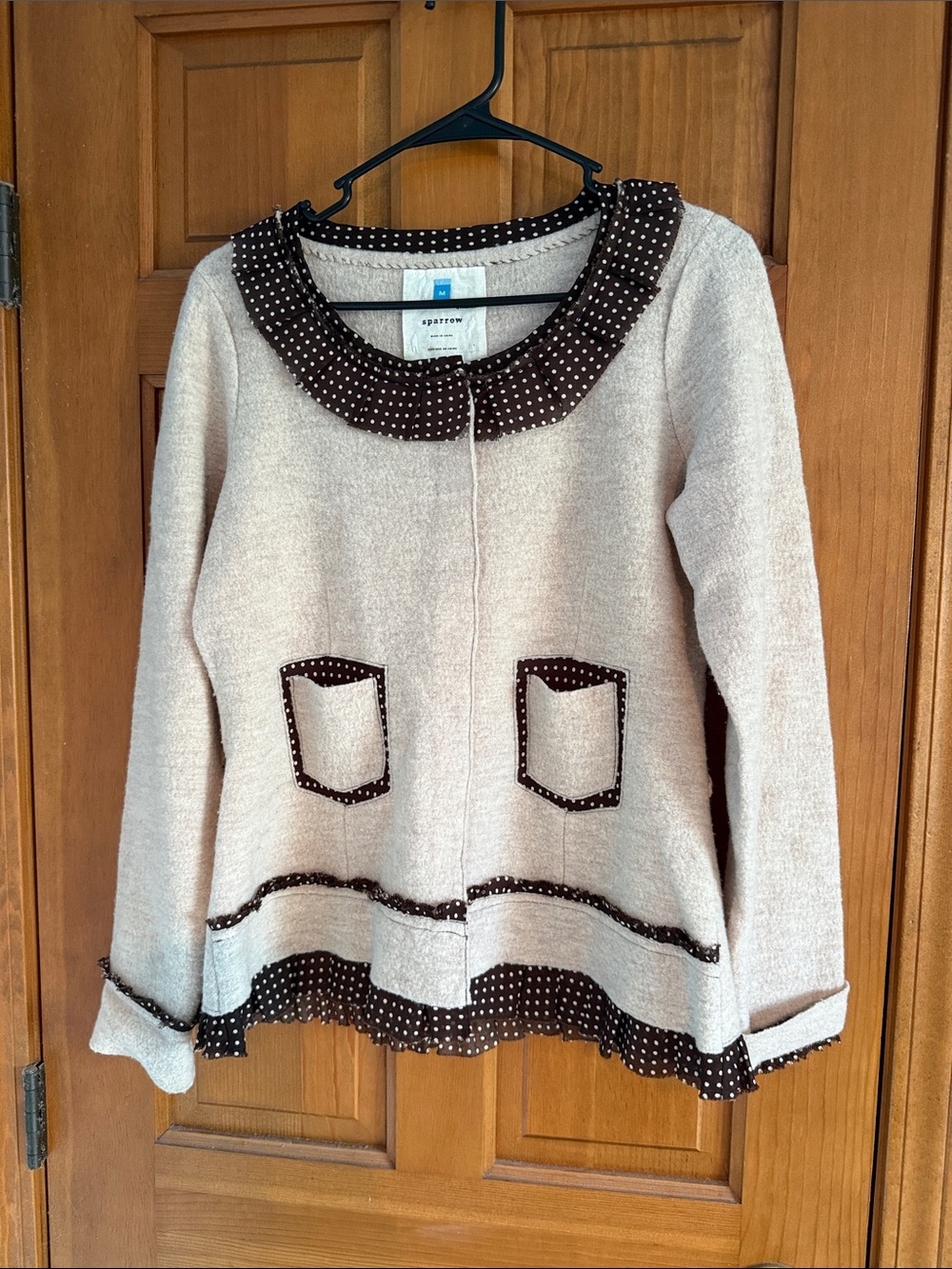 sparrow Cream Sweater Cardigan with Brown Polka-Dot Trim
